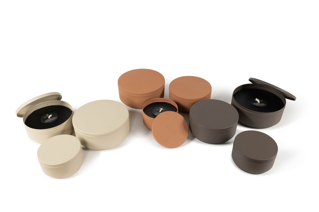 Metal Box with cover texture terracotta - Set of 3 - Ø 16x15 cm /Ø 20x19cm /Ø23x12cm - 1 - ext. cot. - p/1