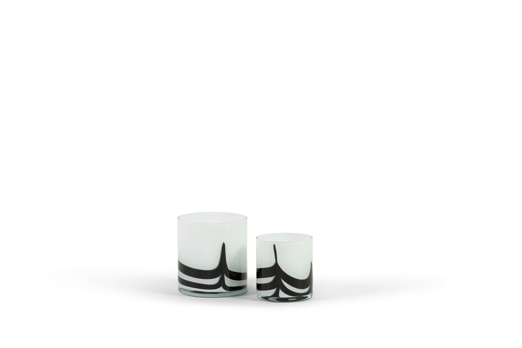 Thick votive cylinder Waves - glass - white black - Ø 14x15cm - p/4