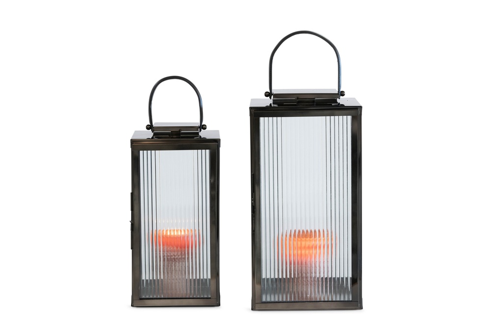 Lantern black nickel with vertical ribbed glass & leather handle - large - 30x30x60cm - 1/1