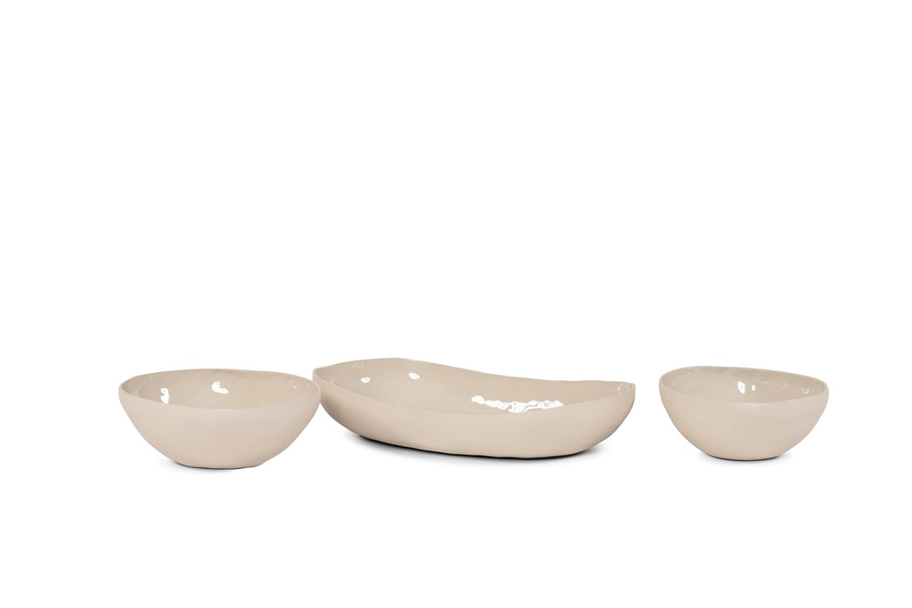 Bowl organic enamel inside - texture outside beige - set of 3 - 15x13x6,5cm / 18x16x7cm / 31x18x6cm- p1/8