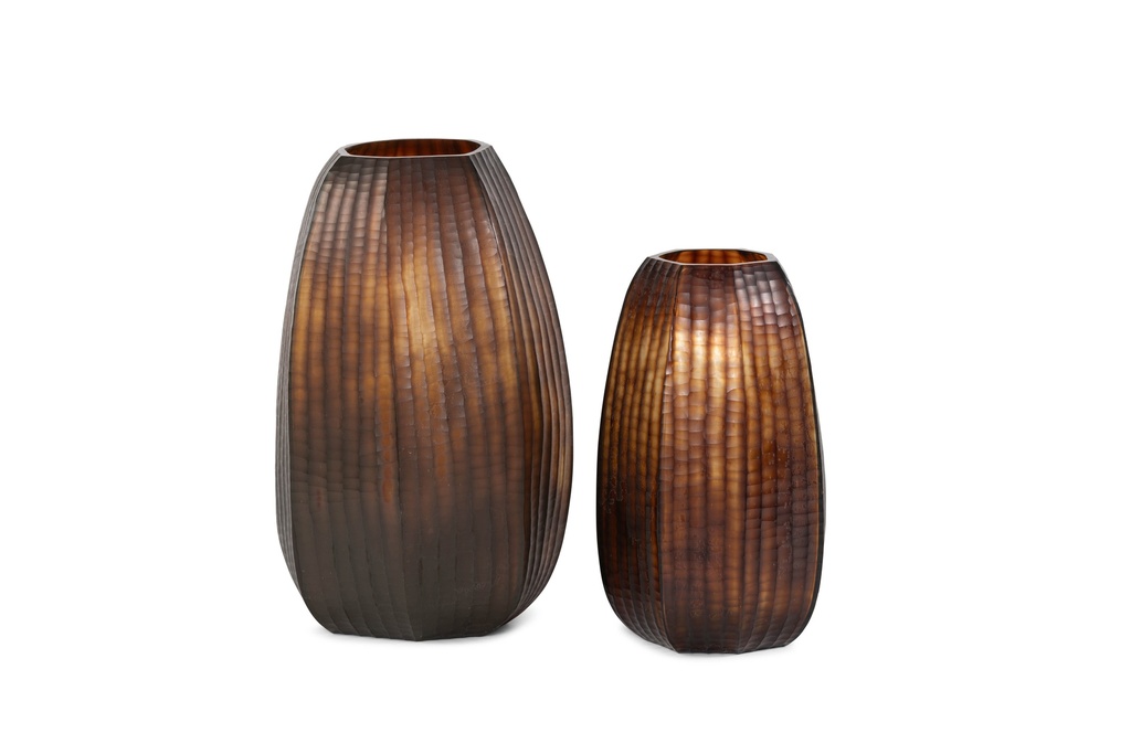 Mouthblown vase vertical flat cutting brown / cream - large - Ø28x46cm - p/1/1