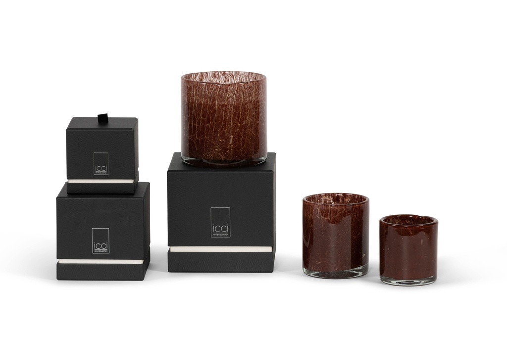 Thick votive cylinder with burgundy gold craquelure design - Ø 9 x 10 cm - 1 - int. cot. - p/6