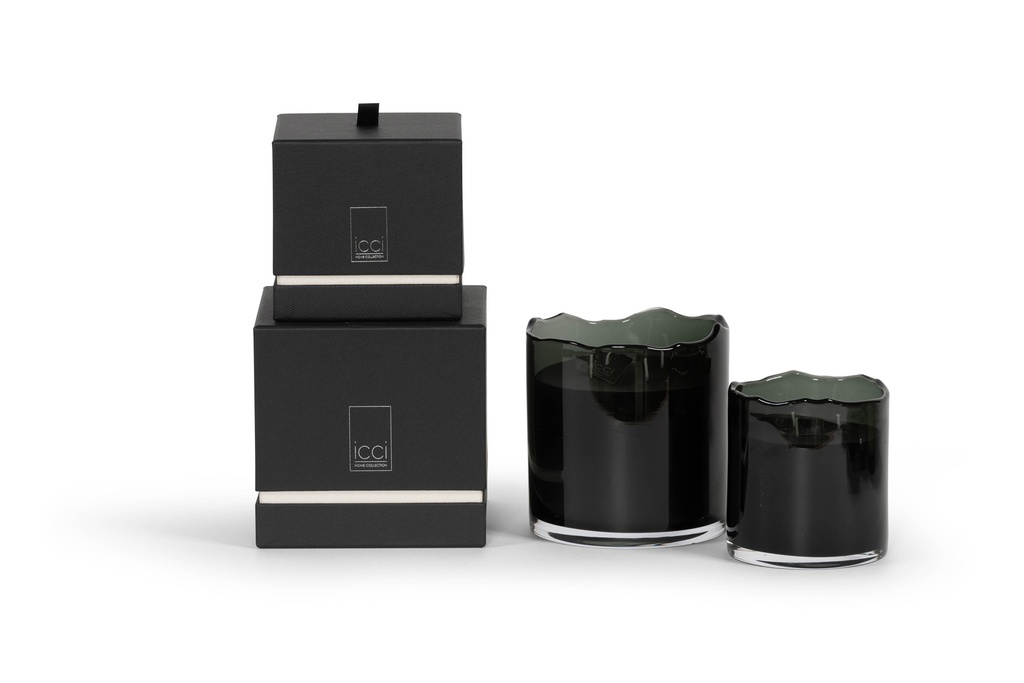 Scented candle black glass votive with organic rim - medium Ø 12 x 12cm - 3 - int. cot. - p/4
