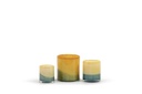 Thick votive cylinder with green to ochre design  - glass - green/ocher  - Ø9x10cm - p/6