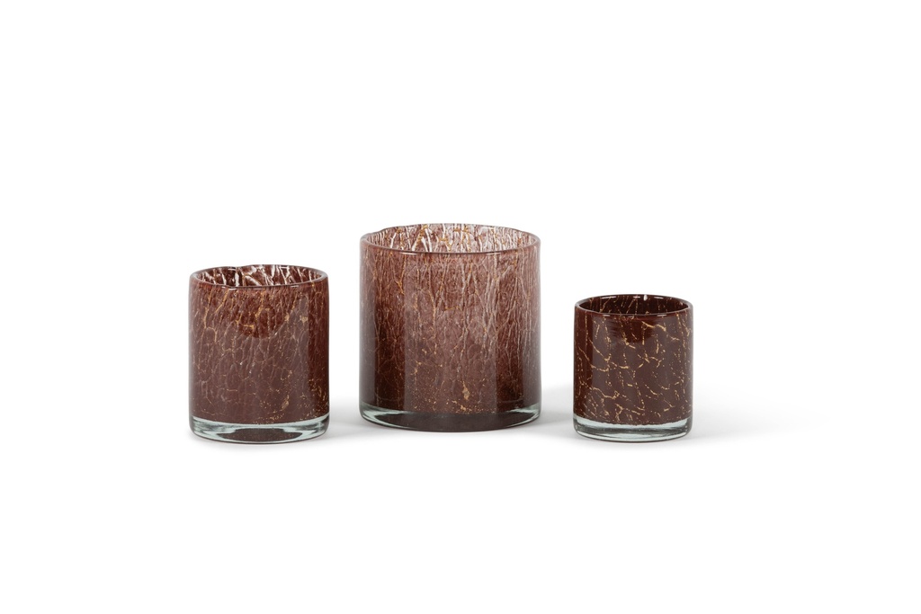 Thick votive cylinder with craquelure design - glass - burgundy gold - Ø 14 x 14cm - p/4
