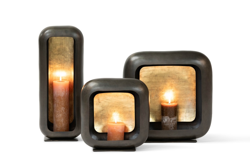 Standing square candle holder nickle antique/gold antique leafing - large - 39,5 x 11,5 x 40 cm - p 1/3