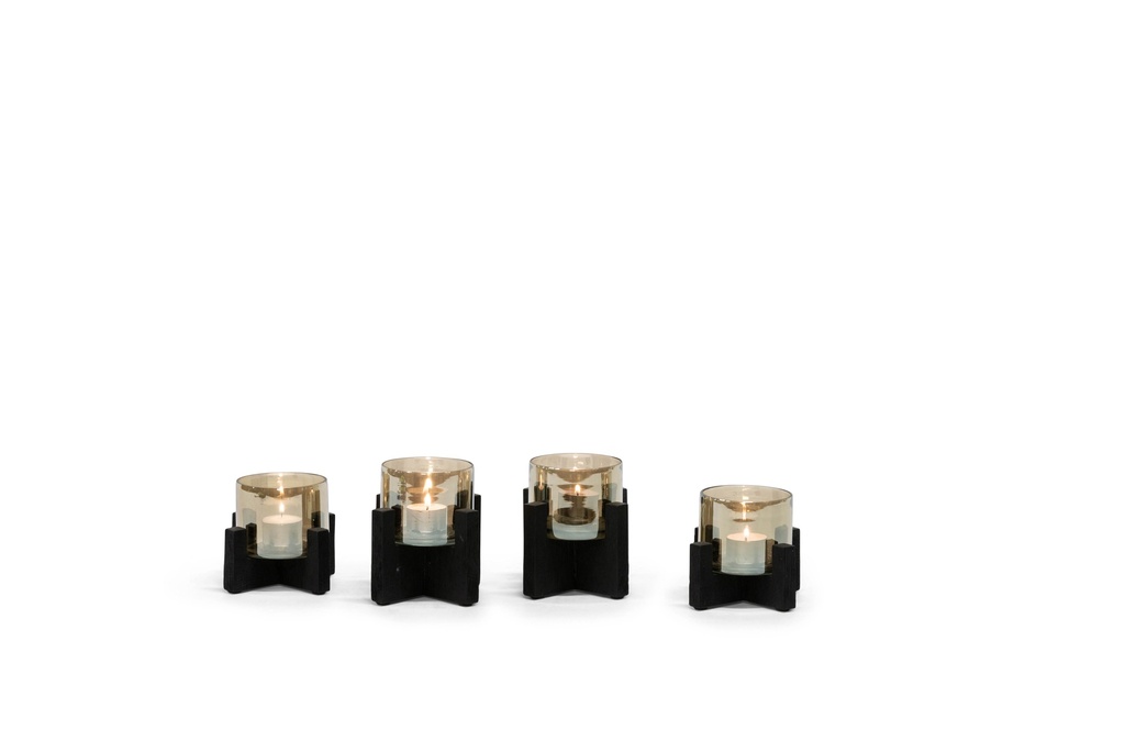 Brushed theelightholder with luster glass - wood & glass - black & brown - Ø13x10cm - p1/4