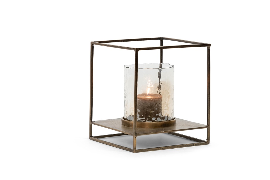 Hurricane square with round hammered glass - aluminium & glass - creamy gold & brown - small 35,5x35,5x40cm - p1/1