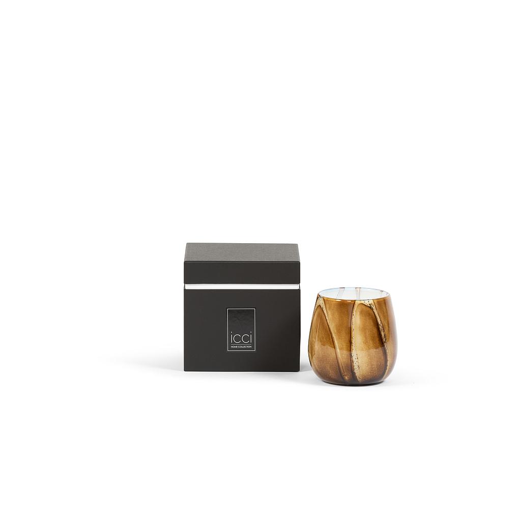 Scented candle thick ocher glass votive bowl with bark design - Ø 15x14cm - 3 - int. cot. - p/2
