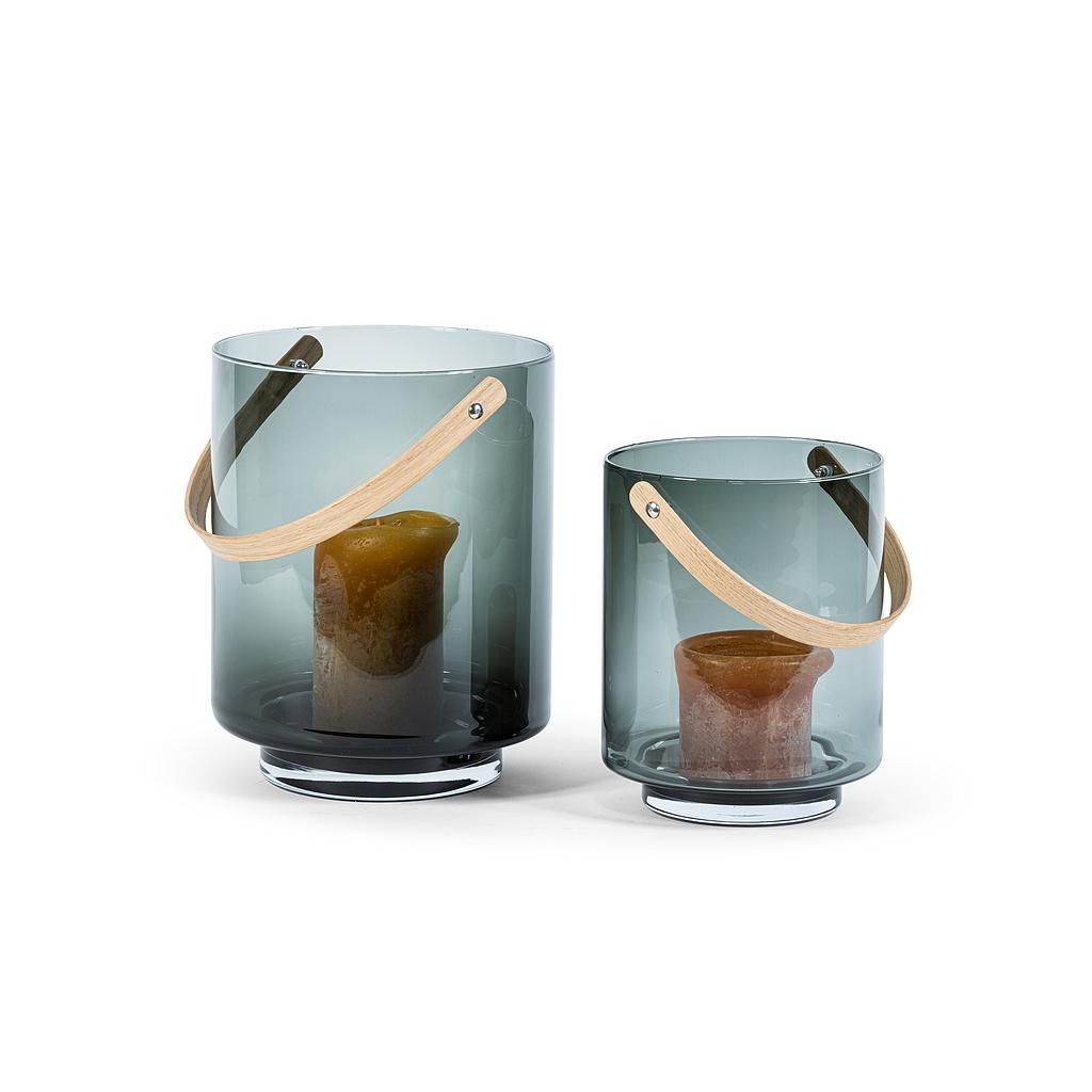 Hurricane with handle - glass + wood + smoke + natural oak - small Ø 22,5x28cm - p/1/1