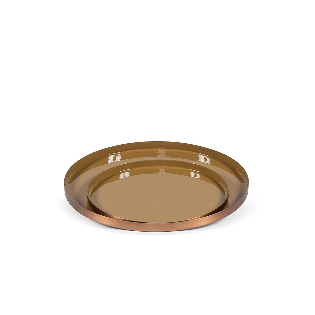 Tray - Metal & Enamel - Copper antique outside & mustard inside - Ø 30x2cm - p/2/8