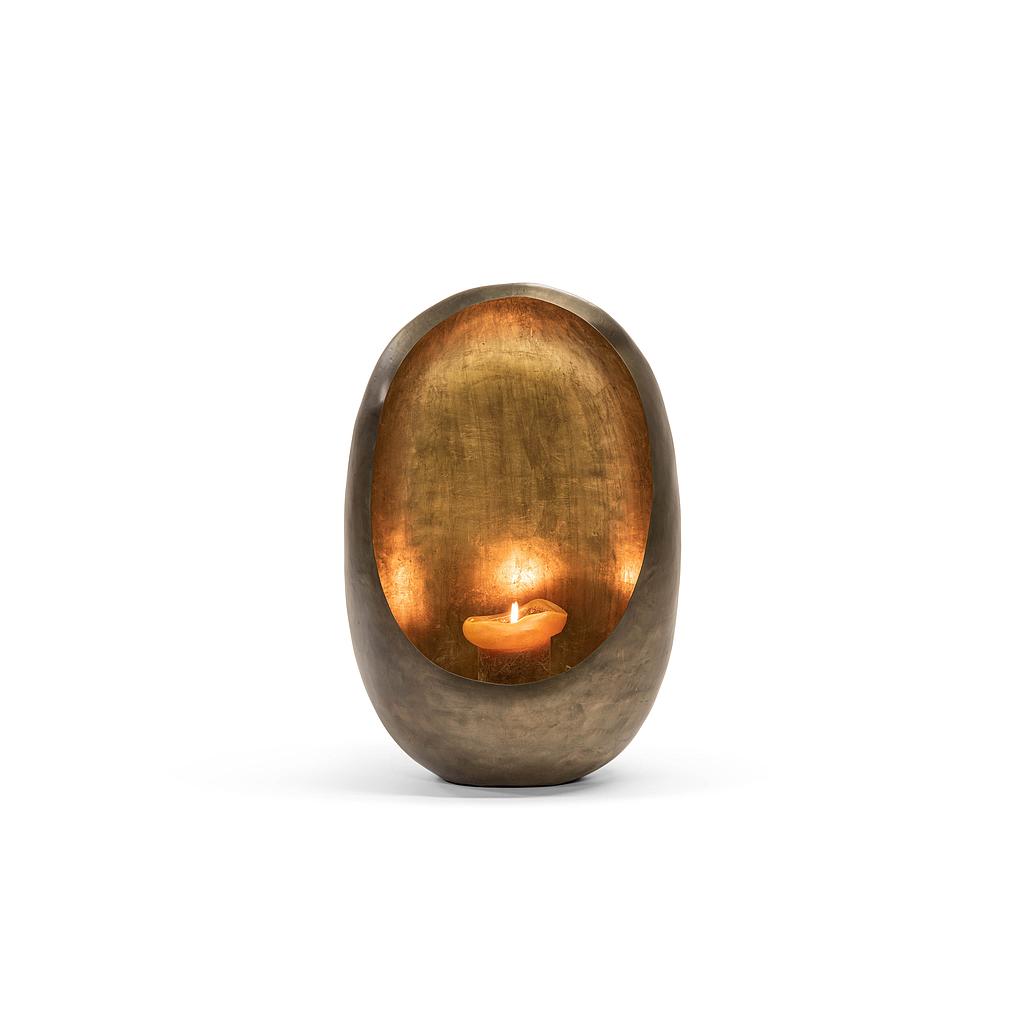 Standing egg candleholder - metal - antique nickel outside, antique gold leafing inside - XL 49x28x74cm - p/1/1