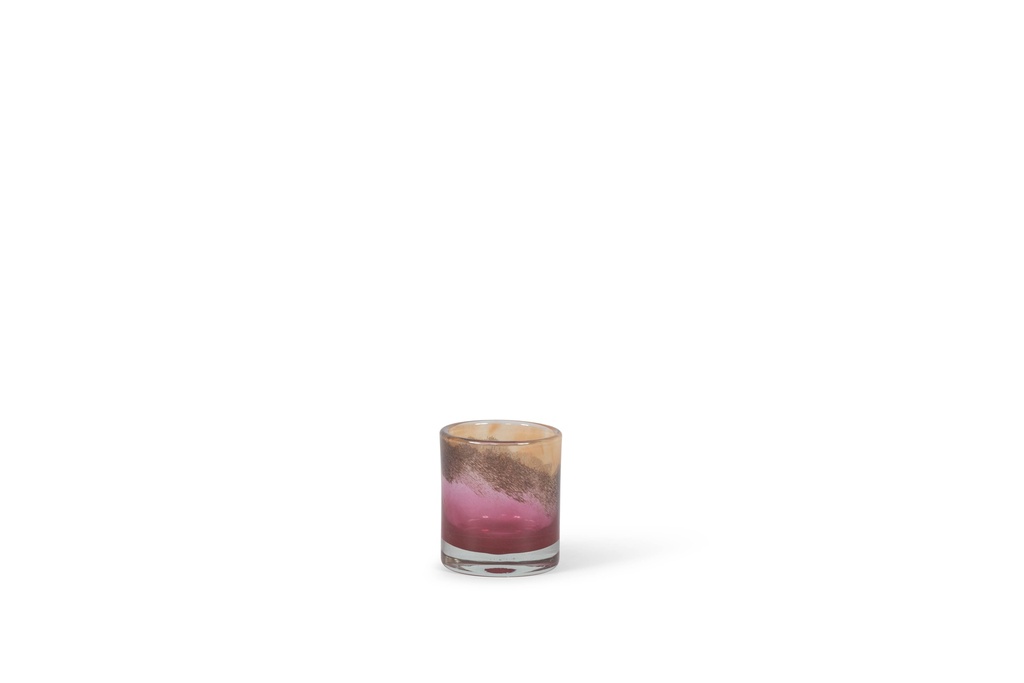 Thick votive cylinder with pink to orange design - glass - pink/orange - Ø9x10cm - p/6