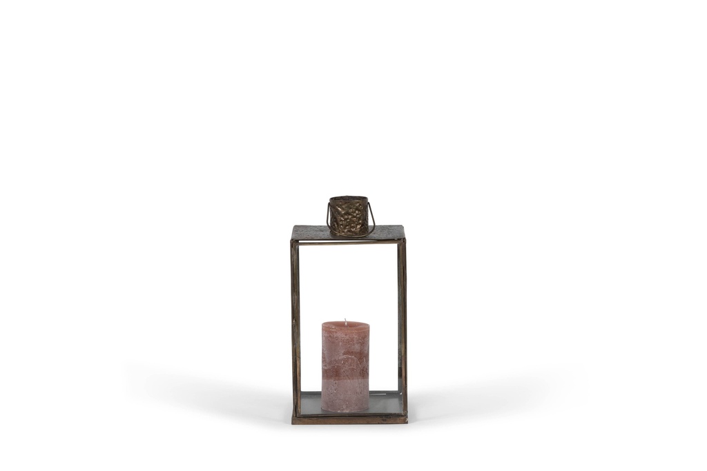 Lantern square with hammered top - iron/glass - aged antique - 21x21x40cm - p/1/4