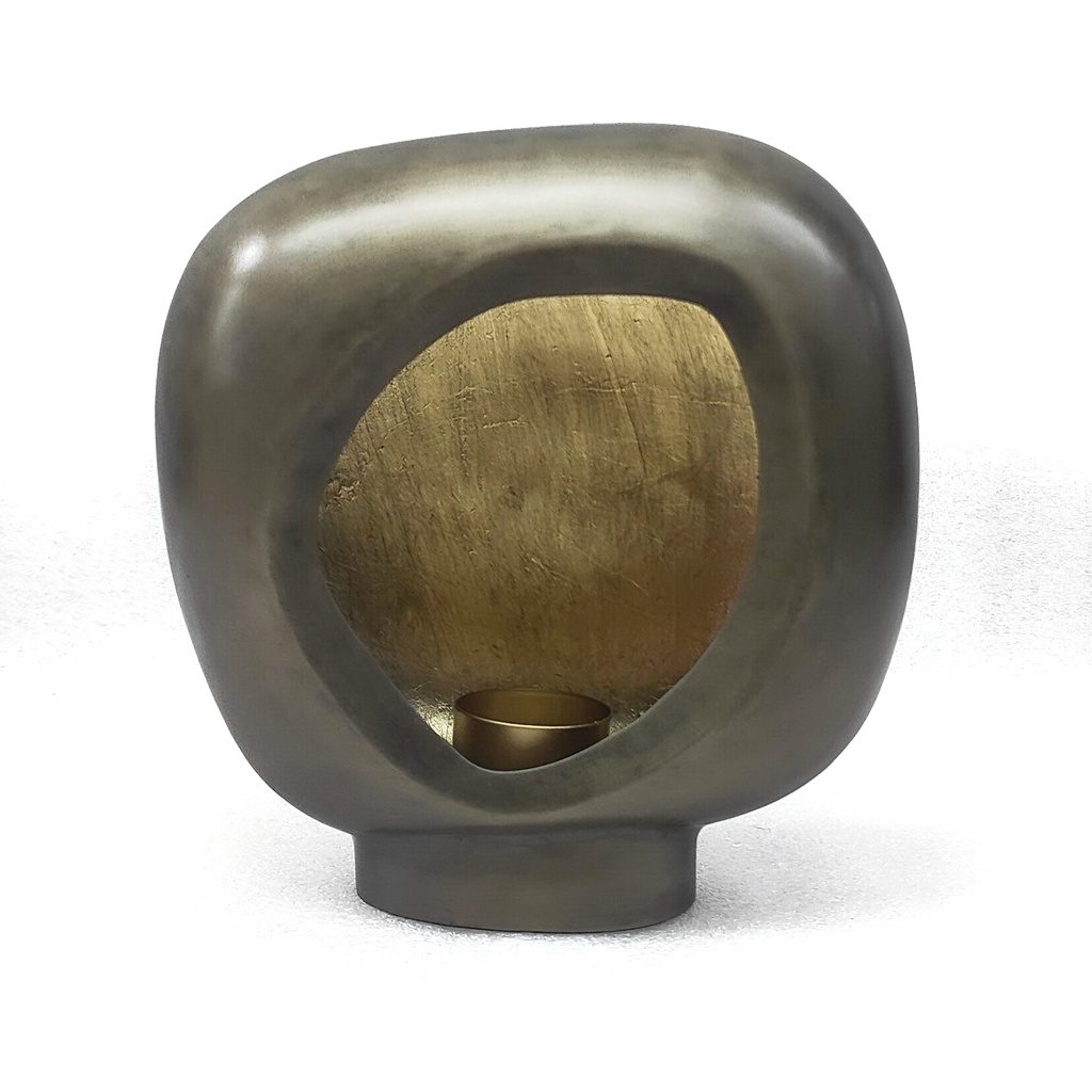 Standing organic egg Tlight holder - metal - nickel antique outside, antique gold leafing - 20x8,5x22cm - p/1/8