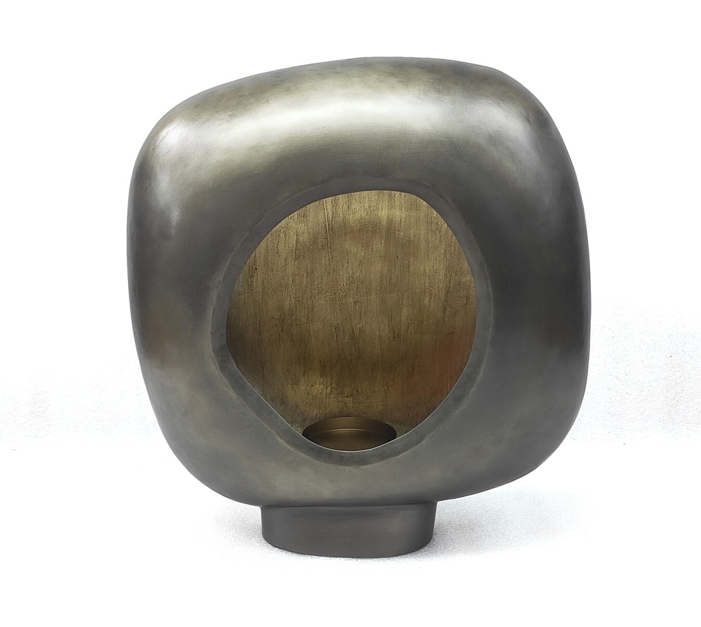 Standing organic egg Candleholder - metal - nickel antique outside, antique gold leafing - 37x14x40cm - p/1/3