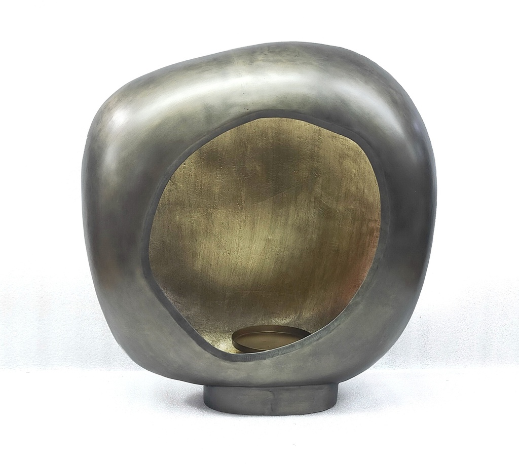 Standing organic egg Tlight holder - metal - nickel antique outside, antique gold leafing - 55x19x55cm - p/1/1