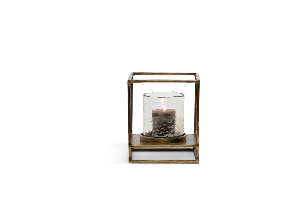 Hurricane square with round hammered glass - aluminium & glass - creamy gold & brown - small 25,5x25,5x29,5cm - p1/1