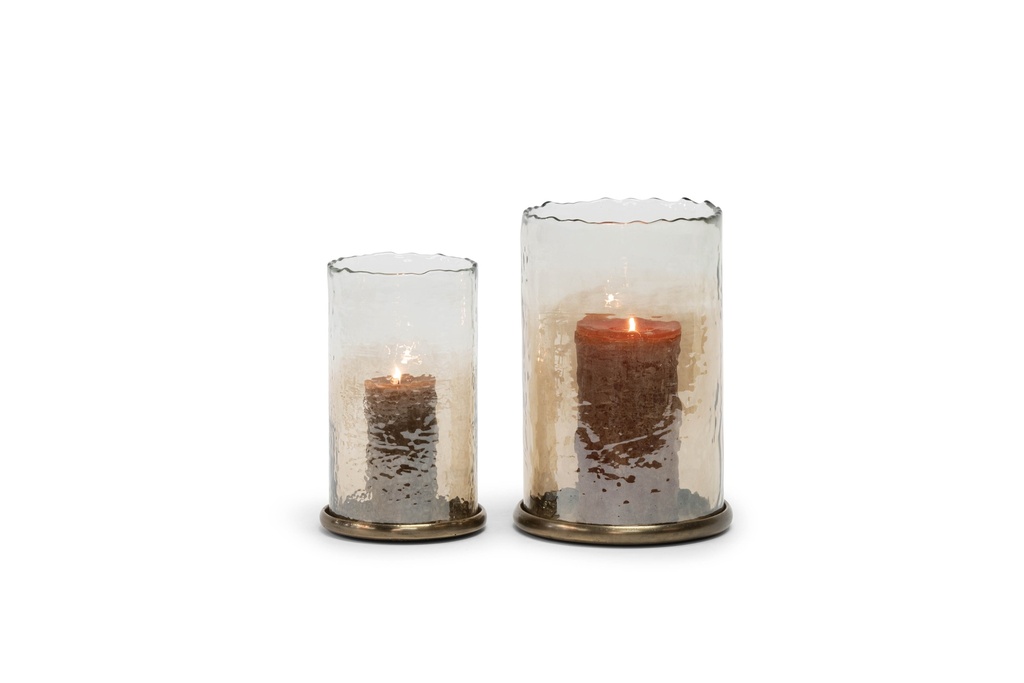 Set of 2 Hurricanes round hammered luster glass - aluminium & glass - creamy gold & brown - Ø22x32cm/Ø17x27cm - p1/4