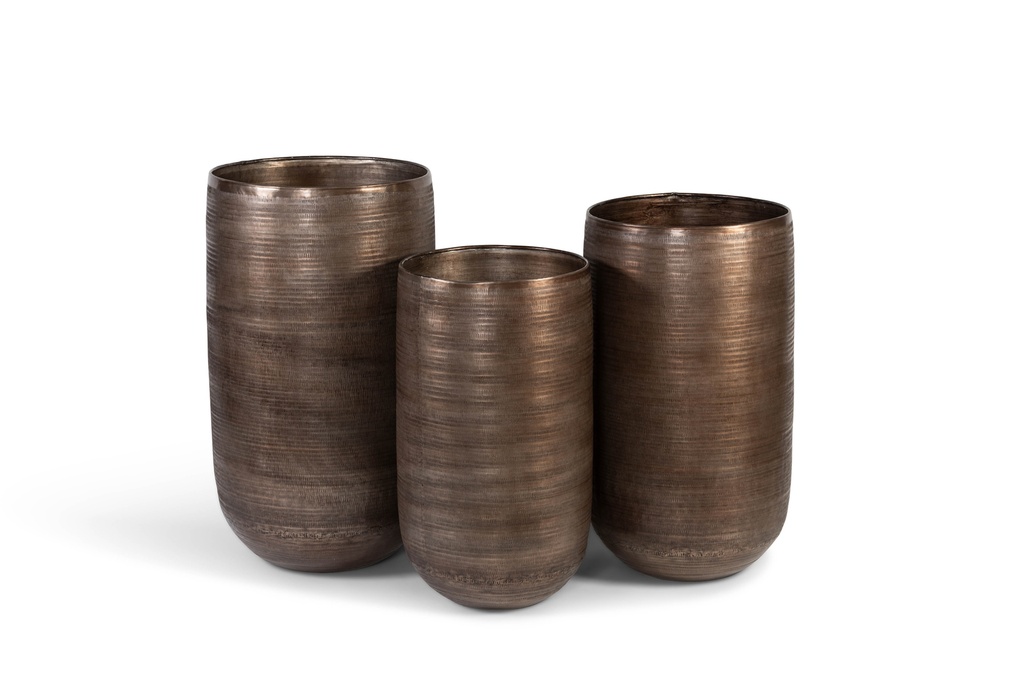 Set of 3 Hammered rice planters - aluminium - dark antique brass - Ø53x89cm/Ø48x81,5cm/Ø42x72,5cm - p1/1