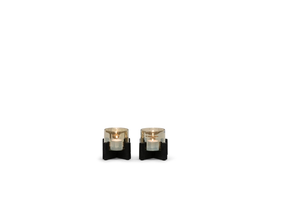 Brushed theelightholder with luster glass - wood & glass - black & brown - Ø13x10cm - p1/4