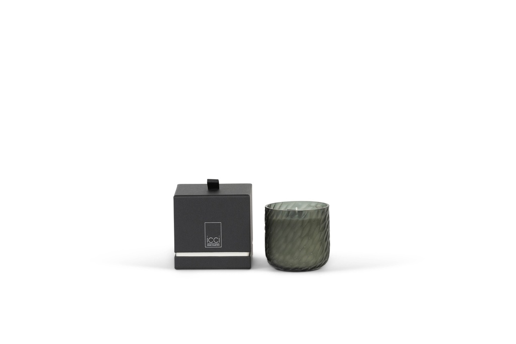 Scented candle round grey votive with leaf cutting - Ø 9x9cm - 1 - int. cot. - p/4